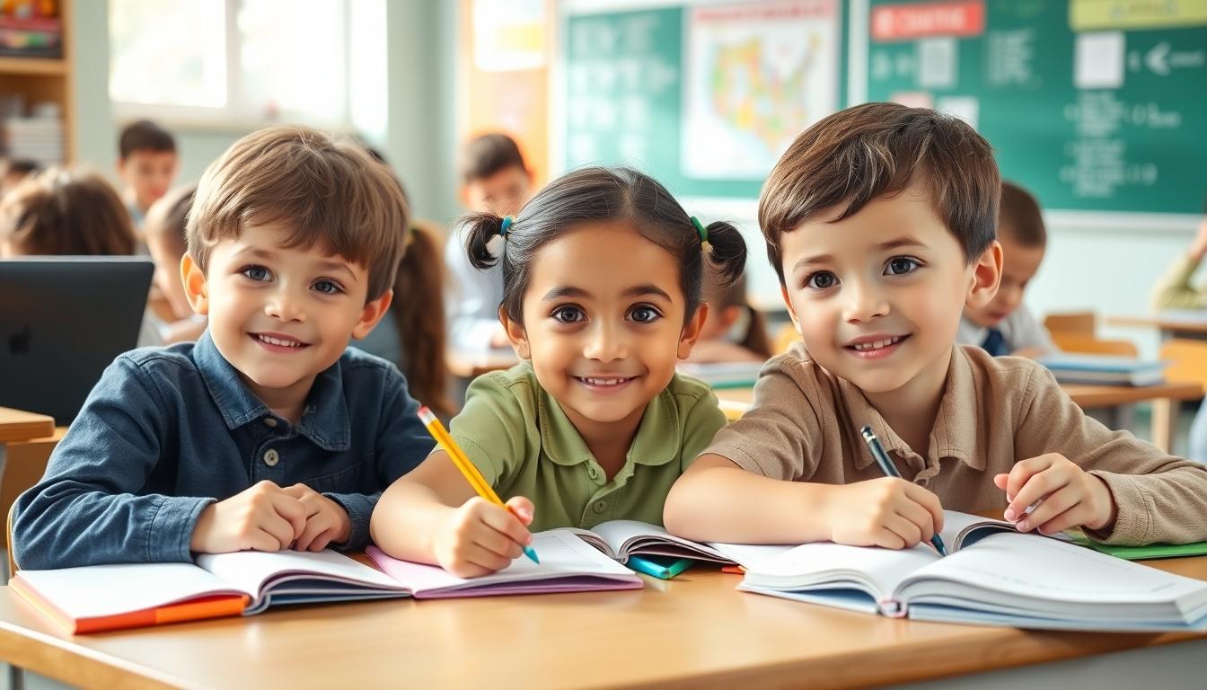 Students studying together in modern classroom